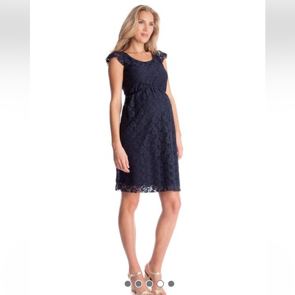 Seraphine Cotton Navy Blue Lace Maternity Dress Size 4 - Picture 1 of 15